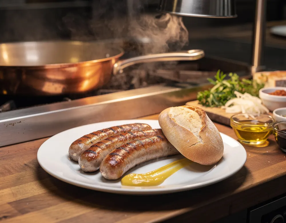 Twee gegrilde bratwurst op een wit bord met een streep mosterd en een vers broodje, geschoten in warm licht