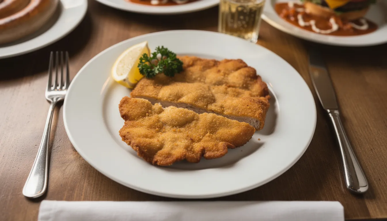 Gouden gepaneerde schnitzel op een wit bord met een partje citroen en peterselie, van bovenaf gefotografeerd in warm licht