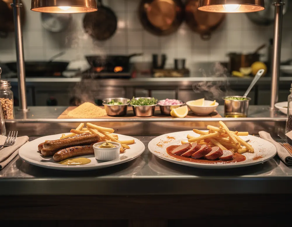 Keukendoorgeefluik met twee borden bratwurst en een portie friet die wachten onder warme lampen