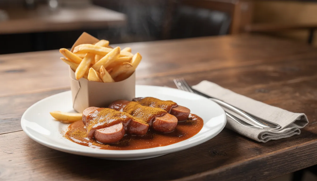Currywurst in stukken gesneden en overgoten met currysaus, geserveerd met een papieren bakje friet