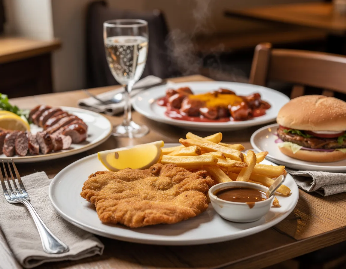 Goudgebakken schnitzel op een bord met een partje citroen en friet erbij