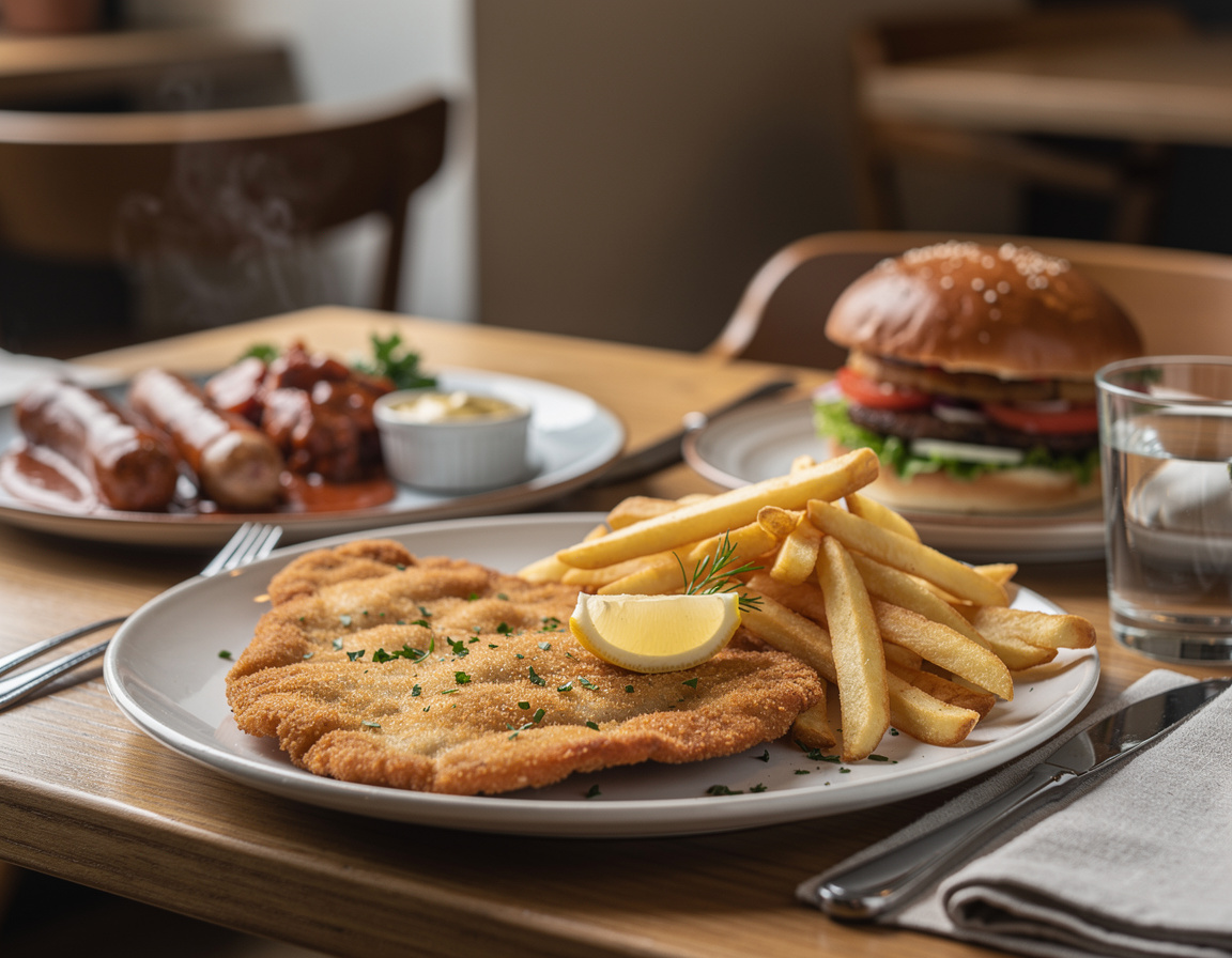 Goudgele gepaneerde schnitzel op een bord met een partje citroen en een portie friet