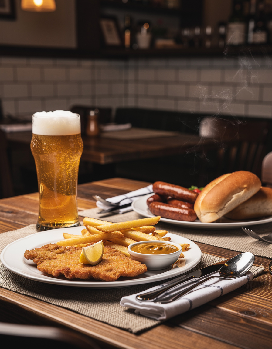 A table in the restaurant set with plates and cutlery beside a glass of beer, in warm evening light