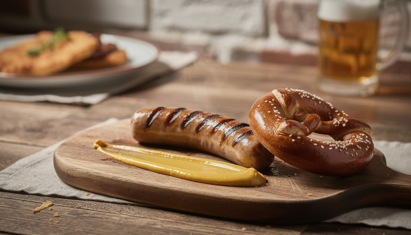 Gegrilde bratwurst op een houten plank met een streep mosterd en een pretzel ernaast