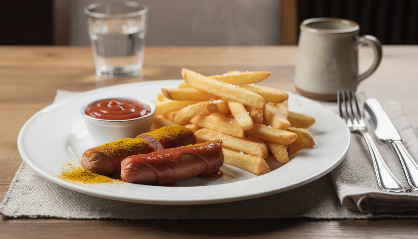 Currywurst sliced into pieces covered in curry ketchup and dusted with curry powder, served with a portion of fries