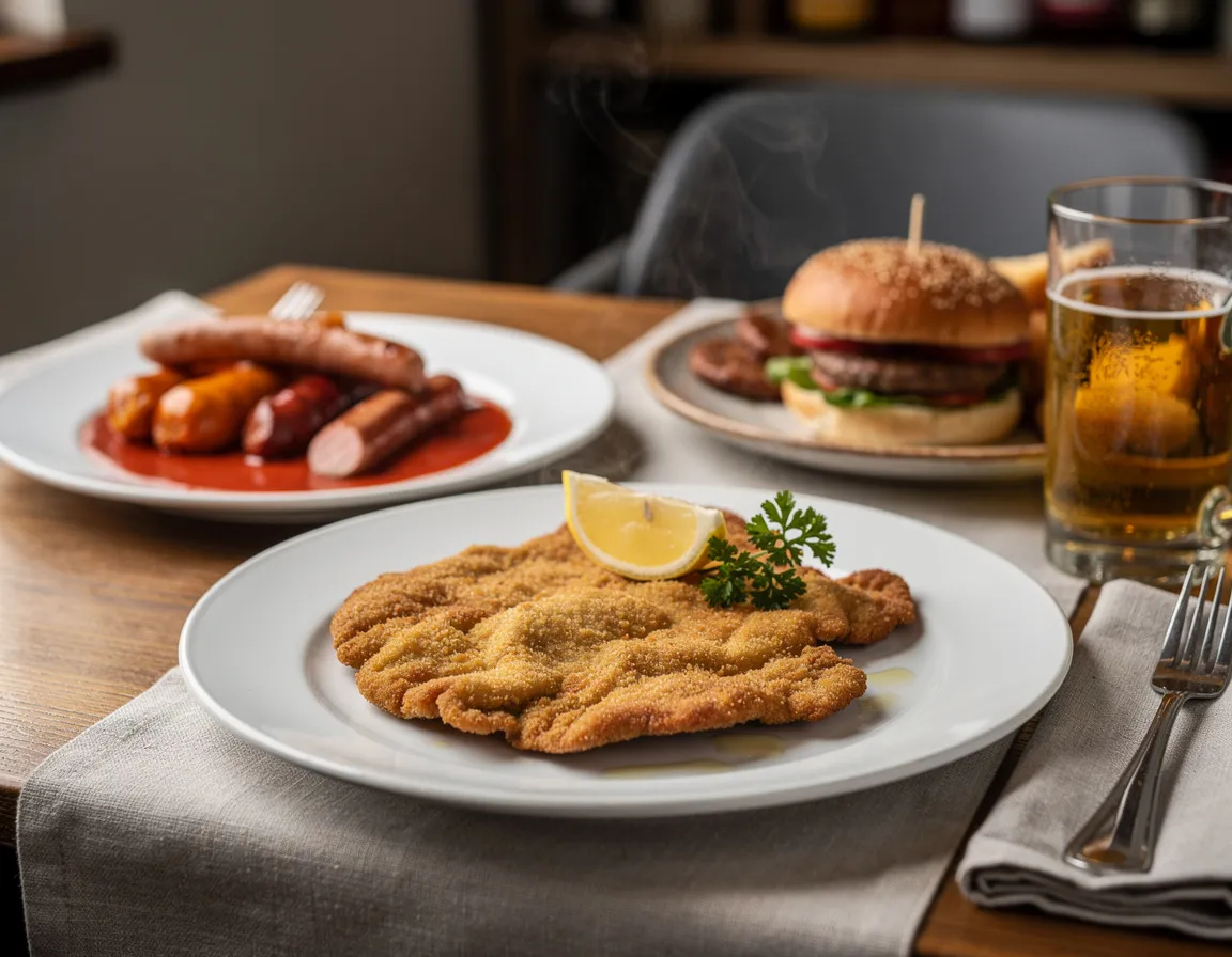 Golden breaded schnitzel on a white plate with a lemon wedge and parsley