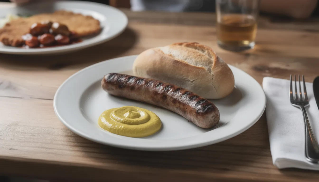 Gegrilde bratwurst met mosterd op een bord naast een broodje, van bovenaf genomen in warm licht