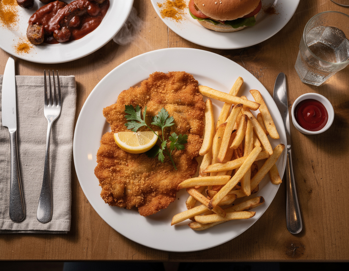 Gouden gepaneerde schnitzel op een bord met een partje citroen en friet erbij, van bovenaf gefotografeerd