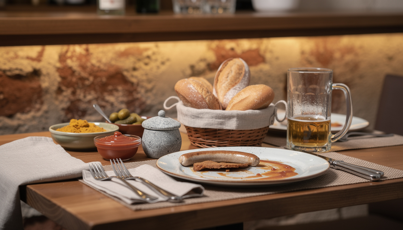 Tafel gedekt voor twee met borden, bestek, een stenen mosterdpot en verse broodjes in warm licht
