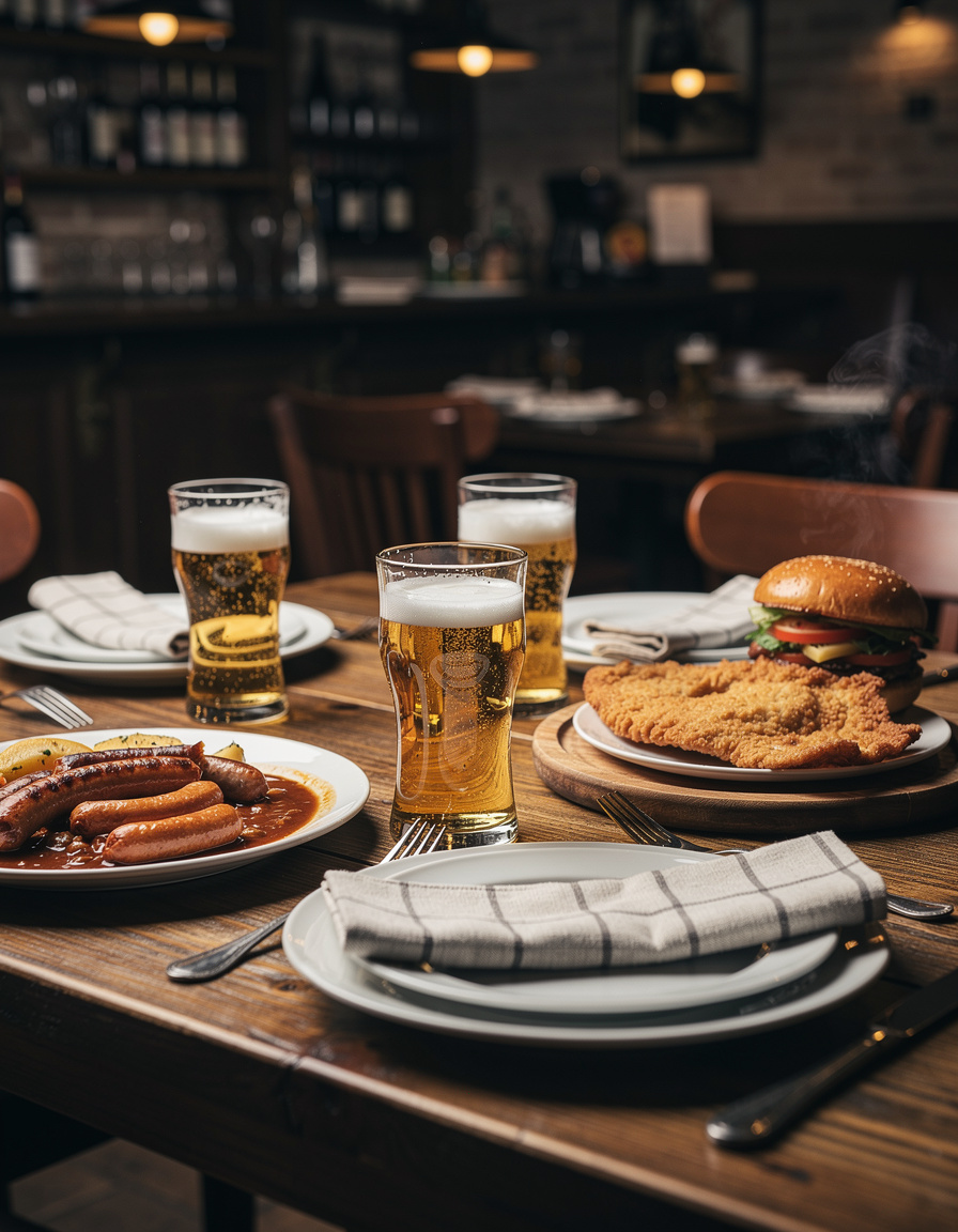 Close-up van een gedekte restauranttafel met witte borden, gevouwen servetten en kleine bierglazen in zacht licht