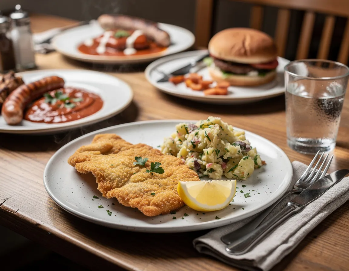 Een gedekte tafel voor de lunch in de cafetaria, met een bord gepaneerde schnitzel, een partje citroen en bestek op een houten tafel
