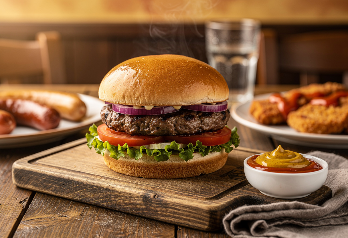 Hamburger in een geroosterd broodje met runderburger, sla, tomaat en ui op een houten plank in warm licht