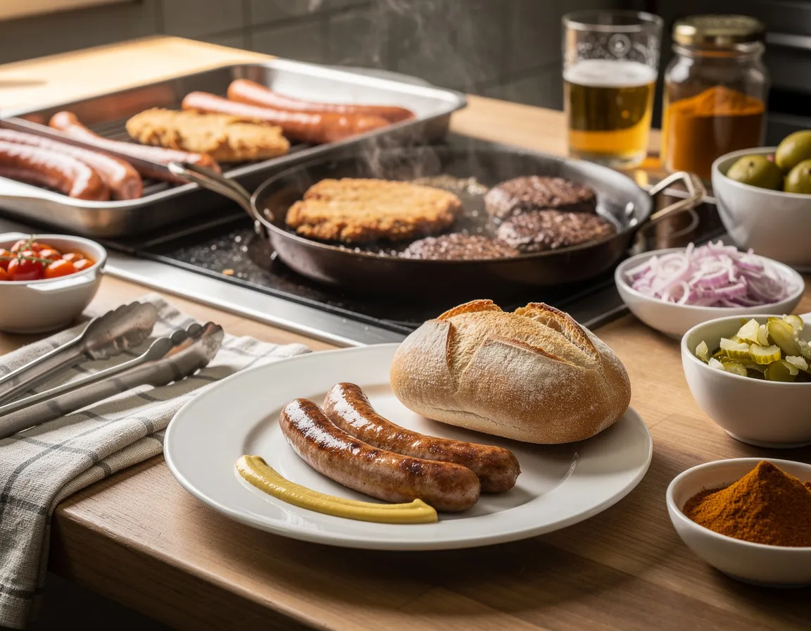 Twee gegrilde bratwurst op een wit bord met een streep mosterd en een vers broodje