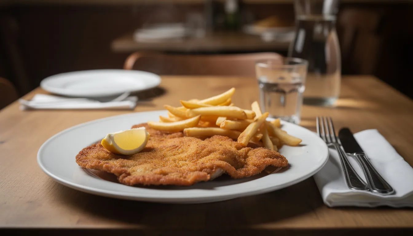 Gouden gepaneerde schnitzel op een wit bord met een partje citroen en friet, gefotografeerd in warm avondlicht