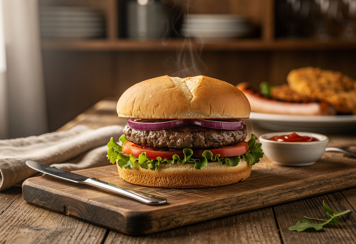 Hamburger in een geroosterd broodje met rundergehakt, sla, tomaat en ui op een houten plank
