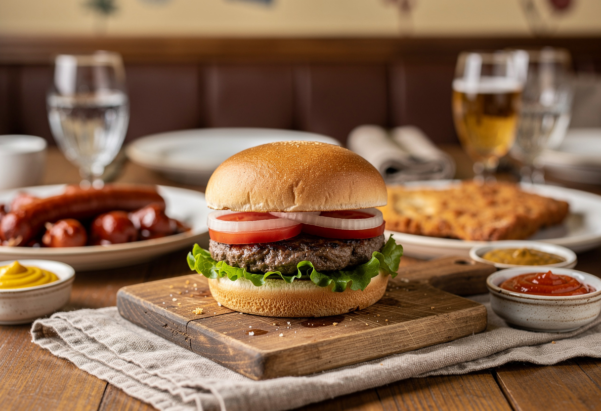 Hamburger in a toasted bun with a beef patty, lettuce, tomato and onion on a wooden board