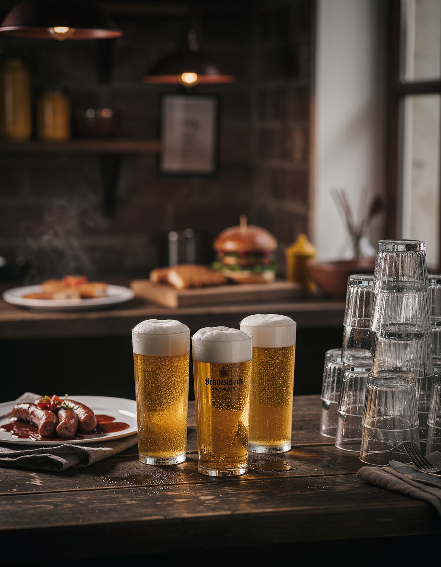 Glasses of beer standing on a dark wooden bar top beside a stack of clean drinking glasses