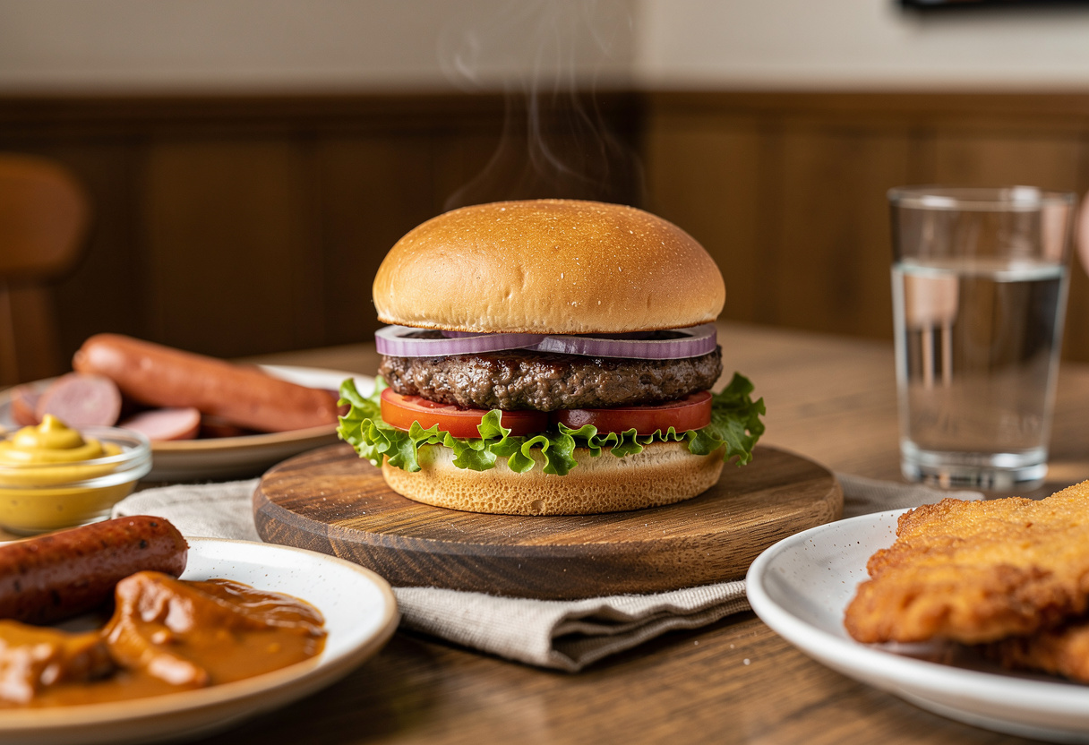 Hamburger in een geroosterd broodje met een runderburger, sla, tomaat en ui op een houten plank