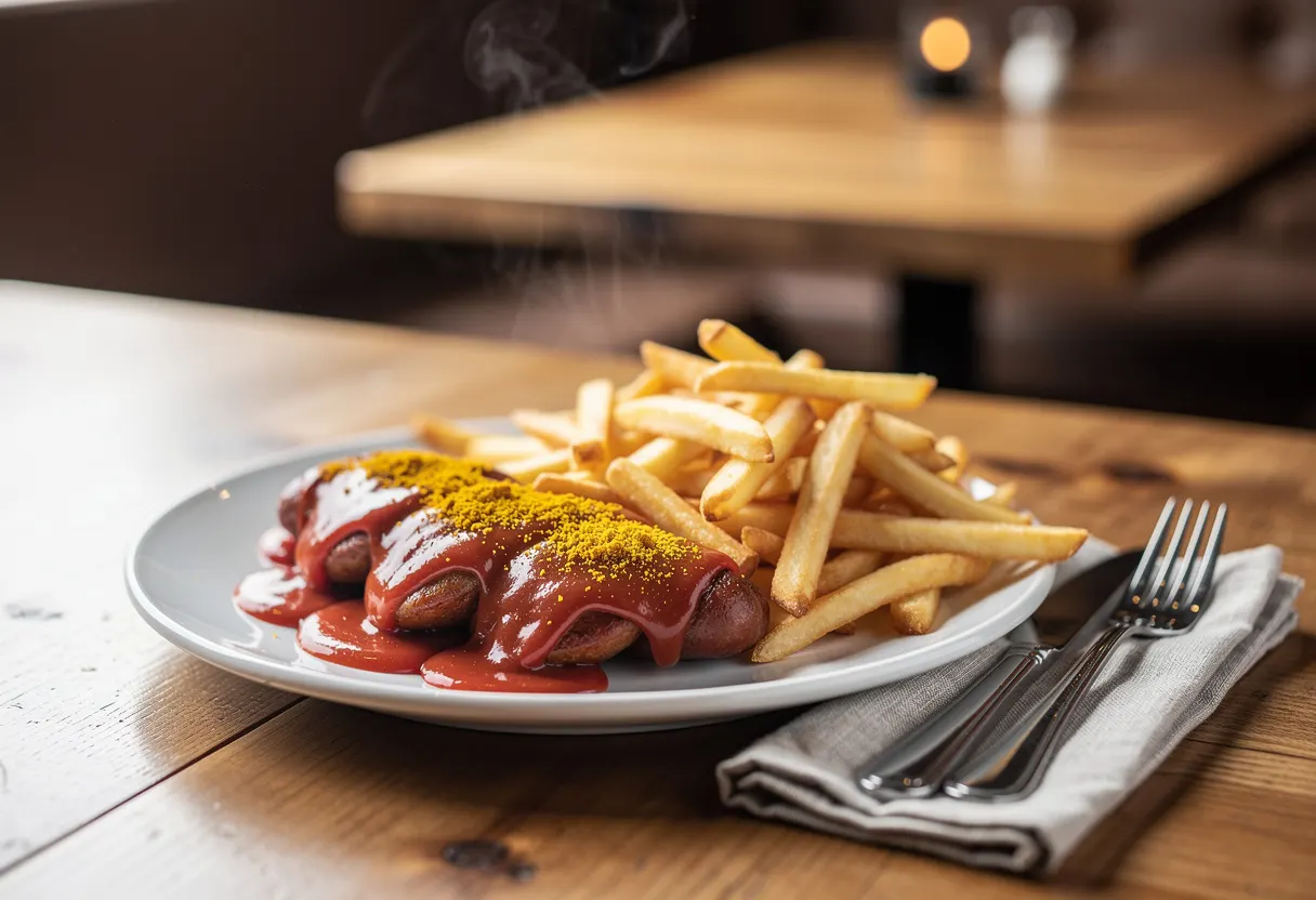 Currywurst in stukjes gesneden, bedekt met curryketchup, geserveerd met een portie friet