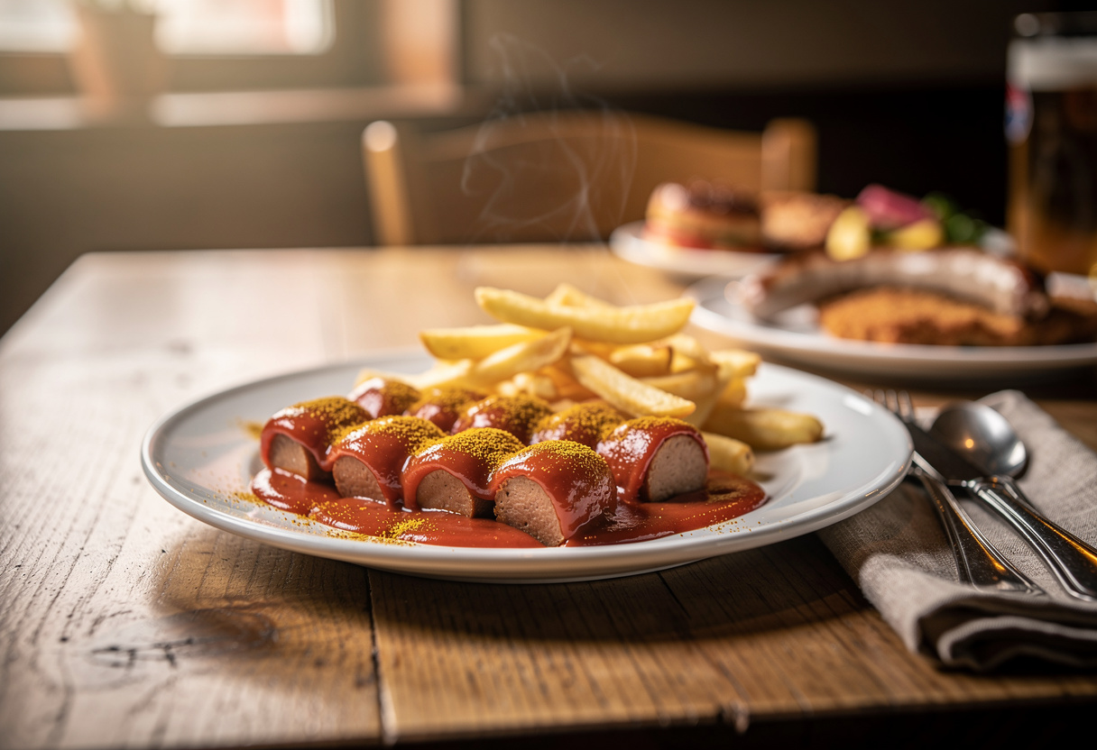 Currywurst in plakjes gesneden, overgoten met curryketchup, geserveerd met een portie friet in warm licht
