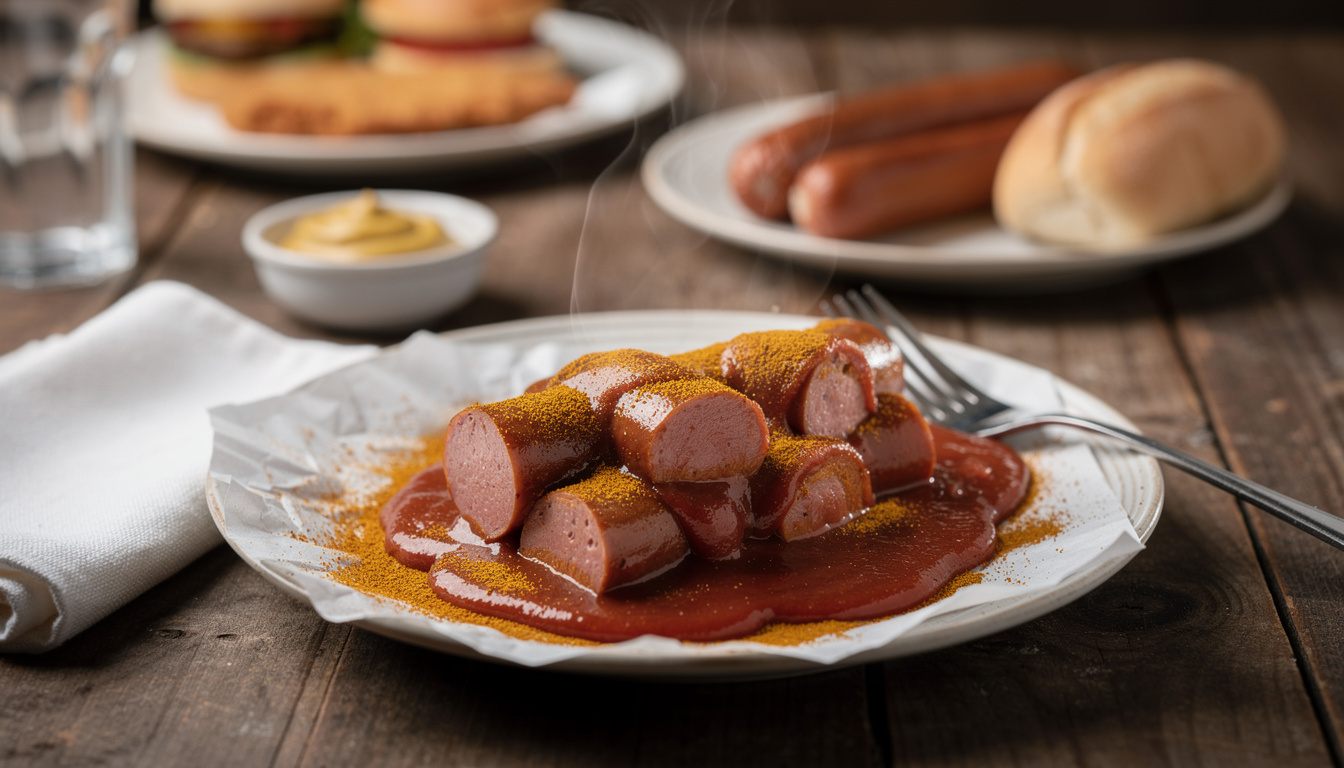Currywurst in stukjes gesneden met curryketchup op een papieren bord, bestrooid met currypoeder, in warm licht