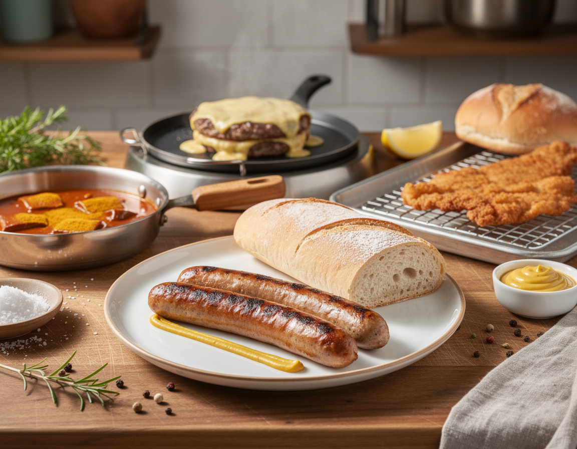 Two grilled bratwurst on a plate with a stripe of mustard and a fresh bread roll