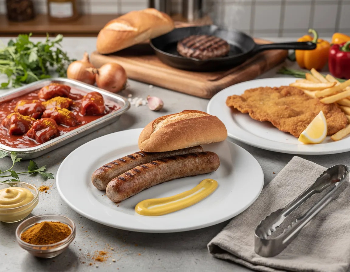Twee gegrilde bratwurst op een wit bord met een streep mosterd en een vers broodje